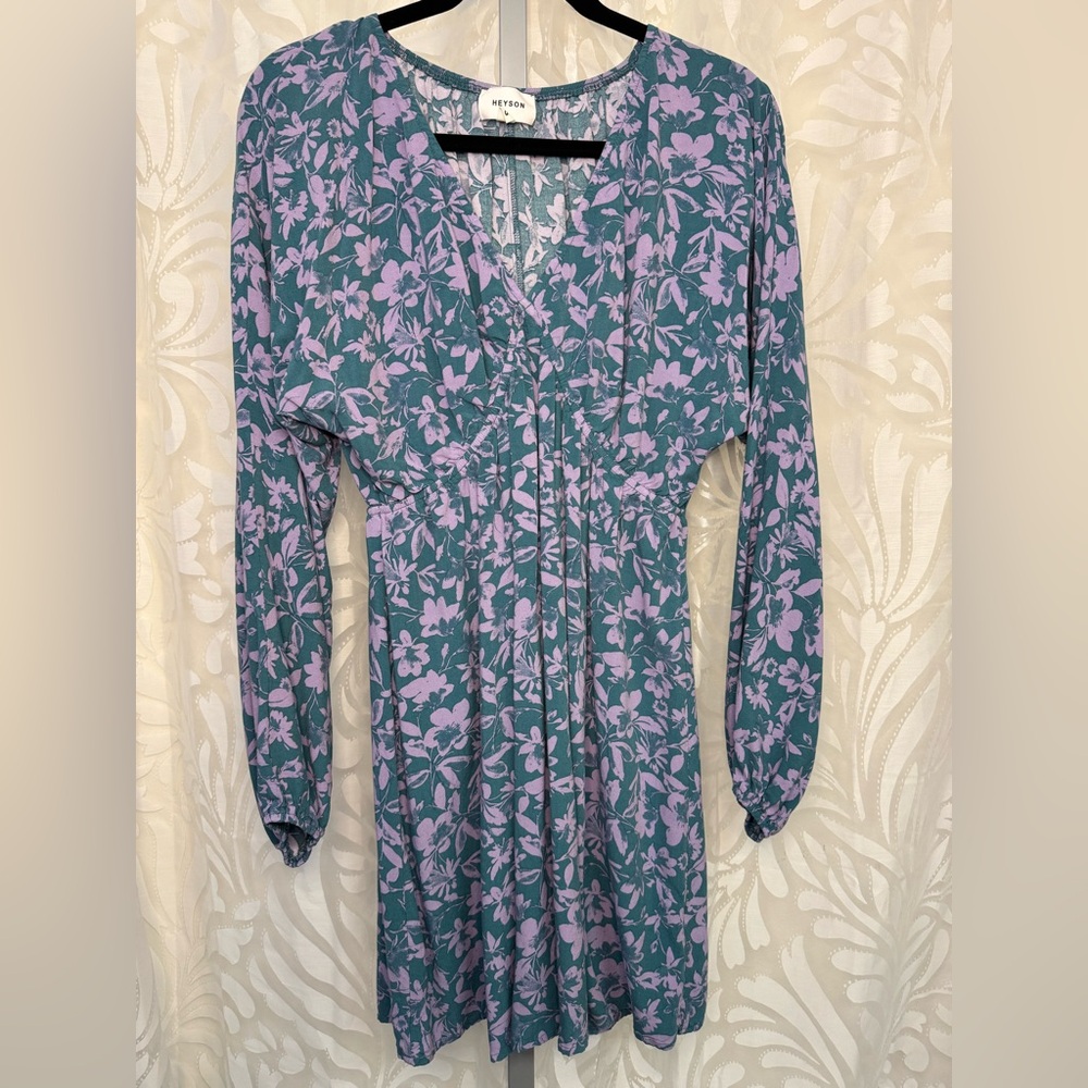 Heyson Floral Long Sleeve V Neck Midi Dress - Purple and Blue S